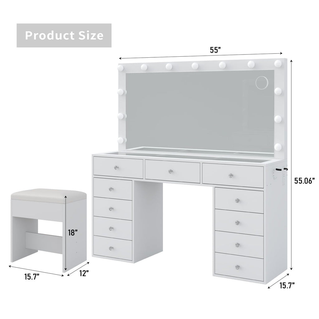 11 Drawer Vanity Desk with Mirror and LED Bulbs W868592