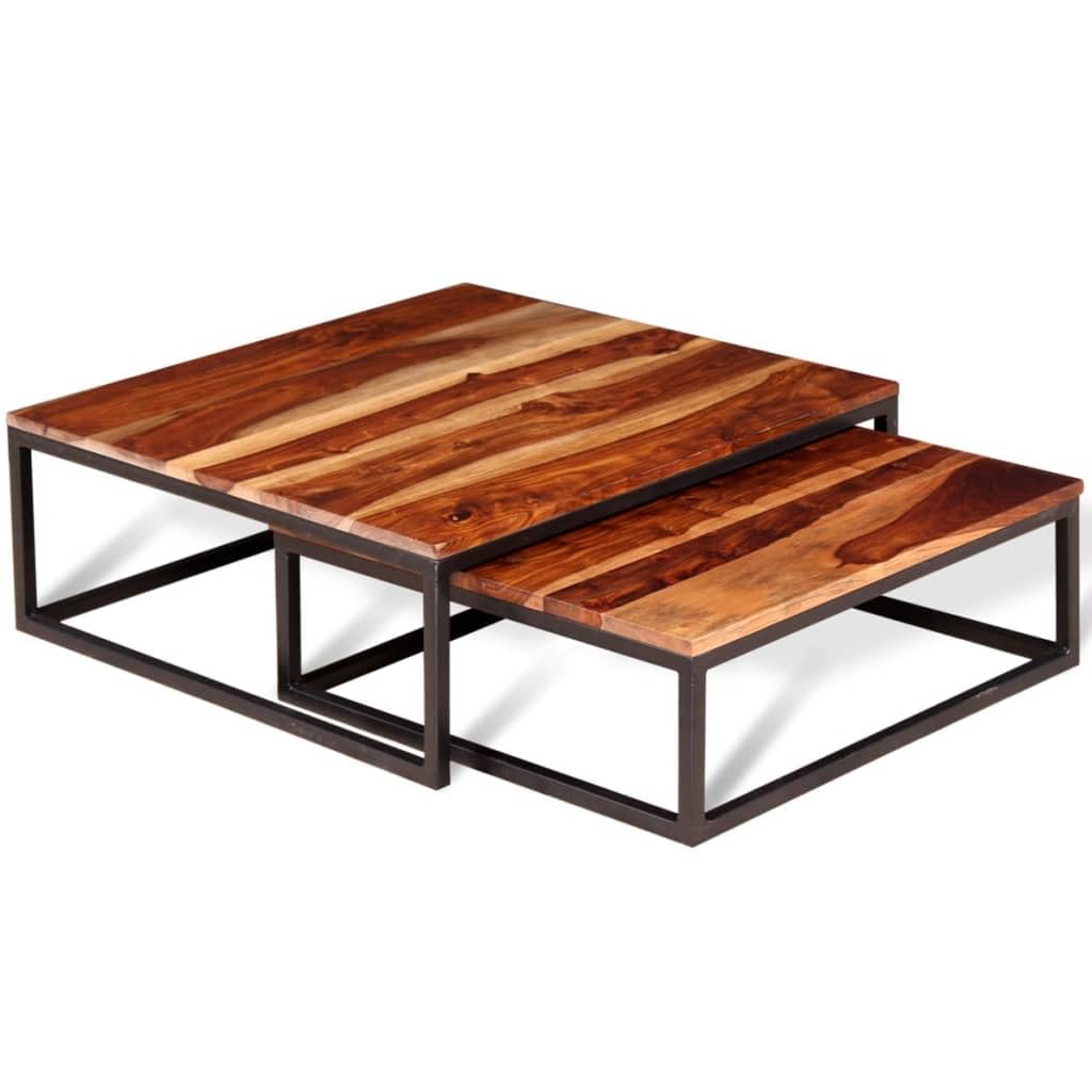 Solid Sheesham Wood Nesting Coffee Tables Set of 2 Metal Frame Z420190