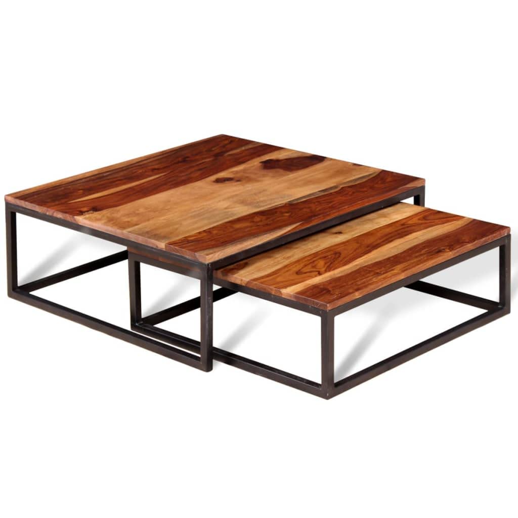 Solid Sheesham Wood Nesting Coffee Tables Set of 2 Metal Frame Z420190
