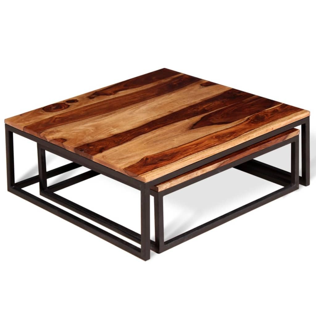 Solid Sheesham Wood Nesting Coffee Tables Set of 2 Metal Frame Z420190