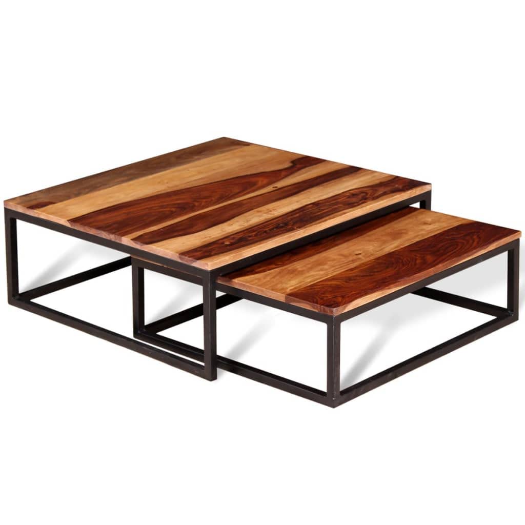 Solid Sheesham Wood Nesting Coffee Tables Set of 2 Metal Frame Z420190