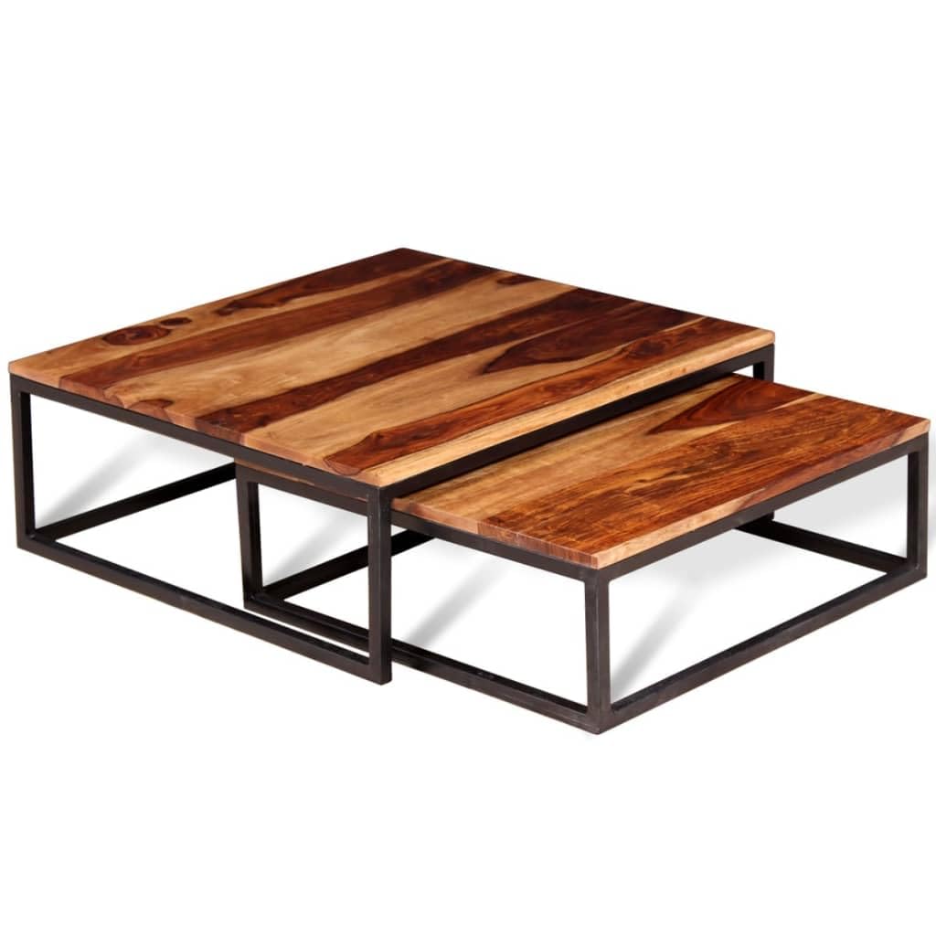 Solid Sheesham Wood Nesting Coffee Tables Set of 2 Metal Frame Z420190