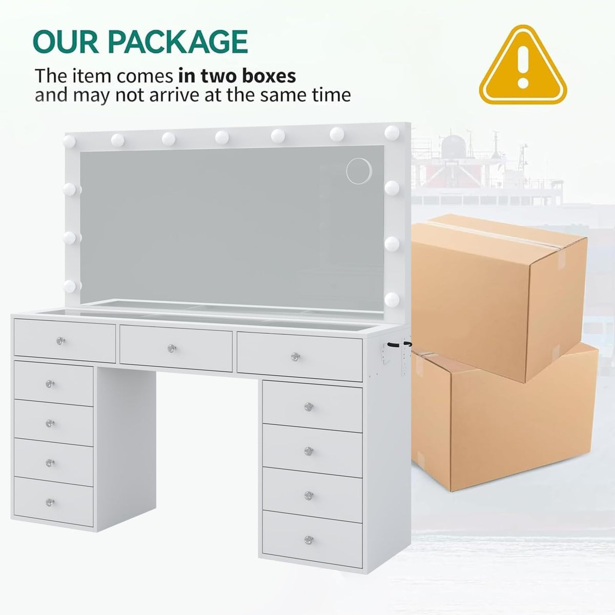 11 Drawer Vanity Desk with Mirror and LED Bulbs W868592