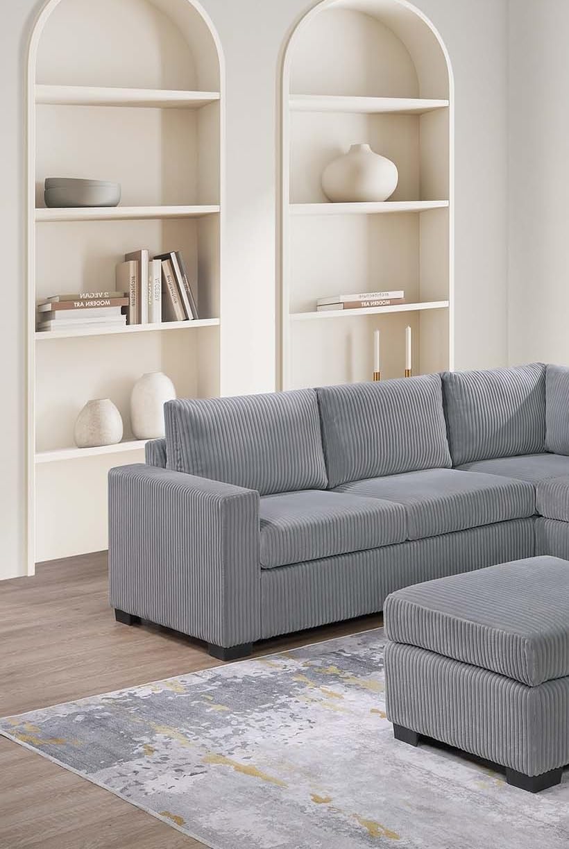 Light Gray Corduroy Upholstered Sectional Sofa Set P446