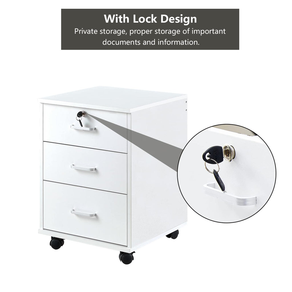 White 3 Drawer Rolling Wood File Cabinet D8300