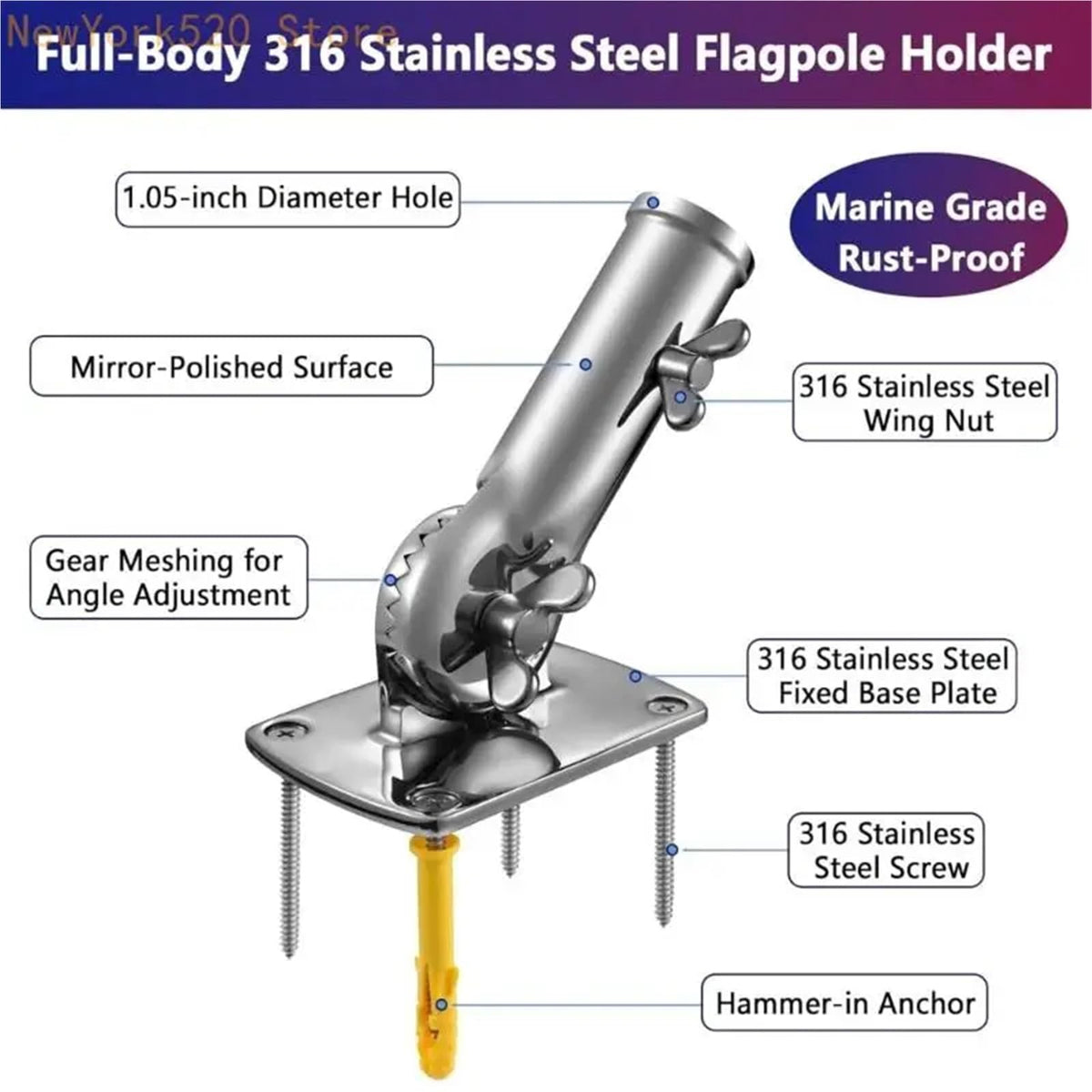 Heavy Duty Stainless Steel Adjustable Flag Pole Bracket O577197