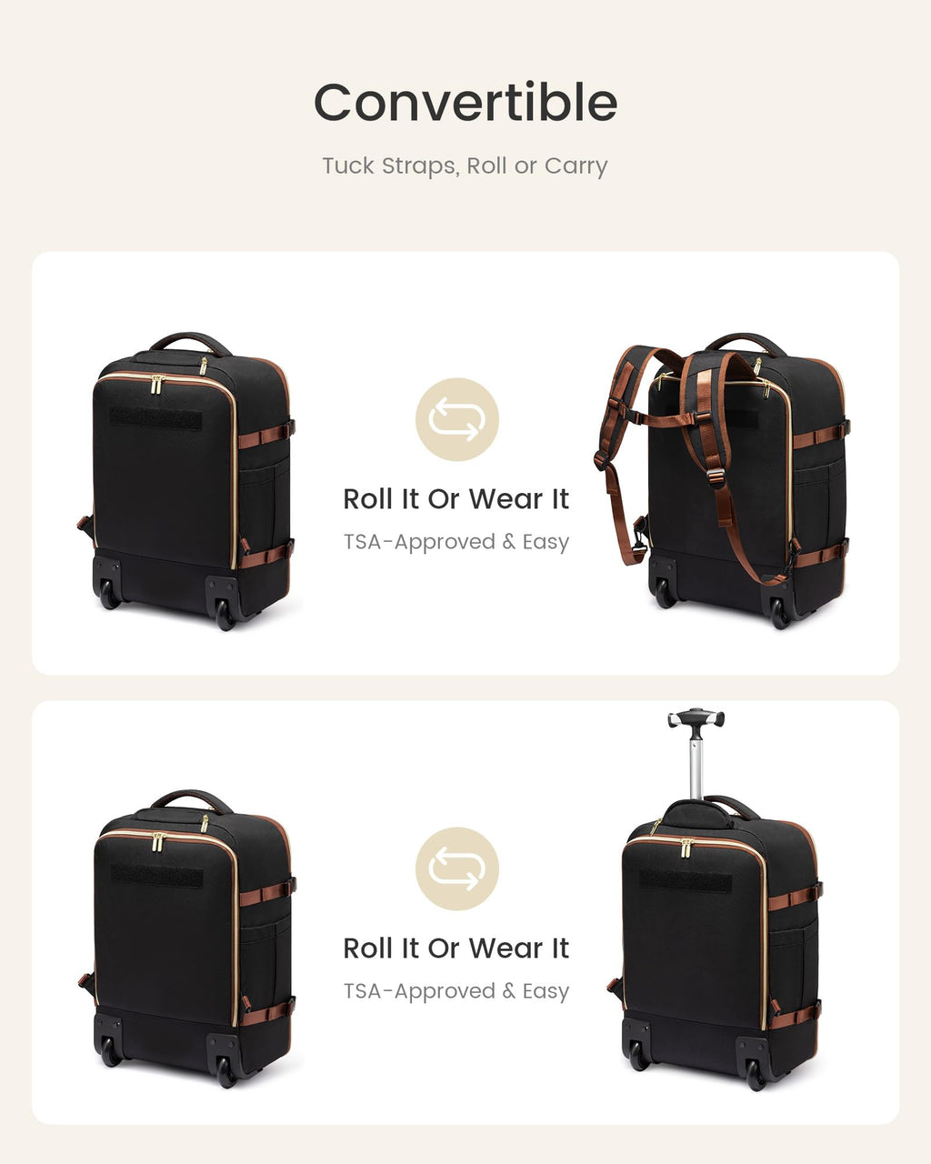 Rolling Backpack with Wheels, 17 Inch 57L Water Resistant S1777