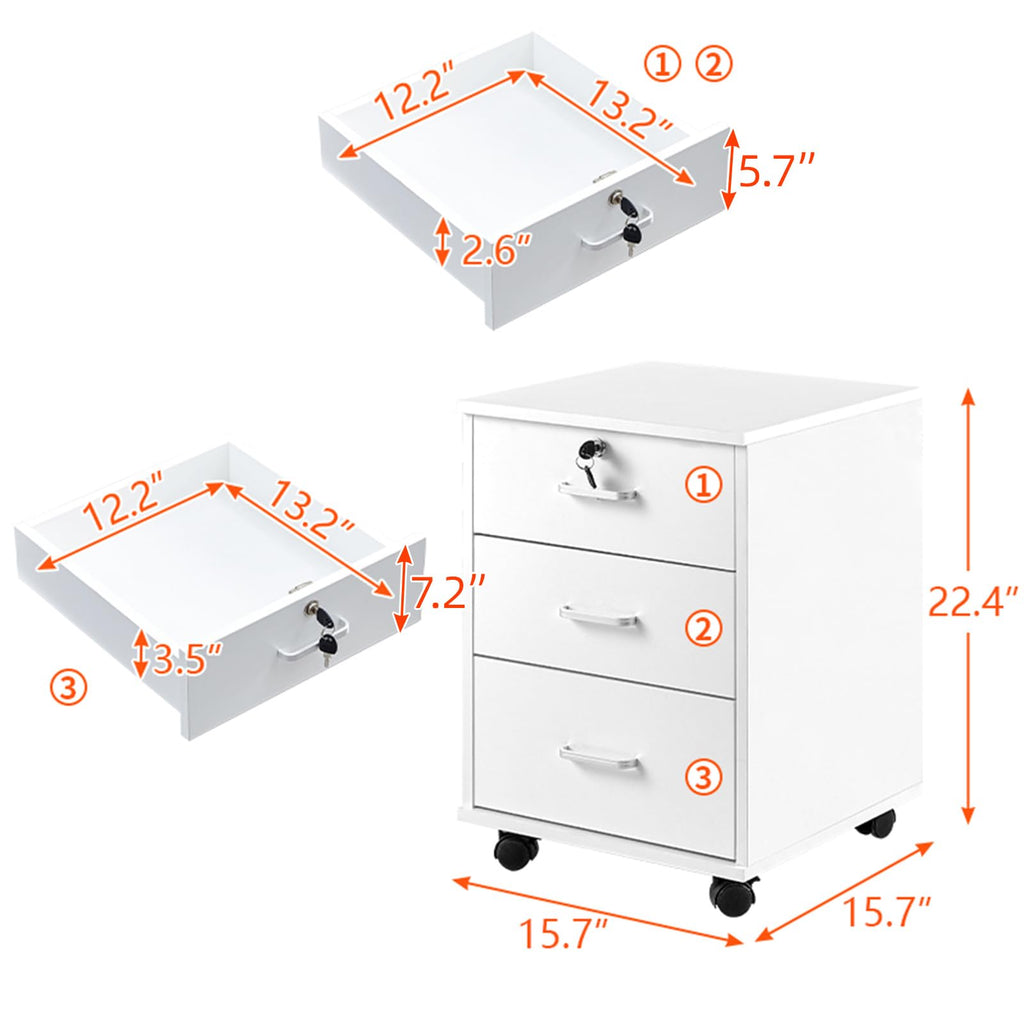 White 3 Drawer Rolling Wood File Cabinet D8300
