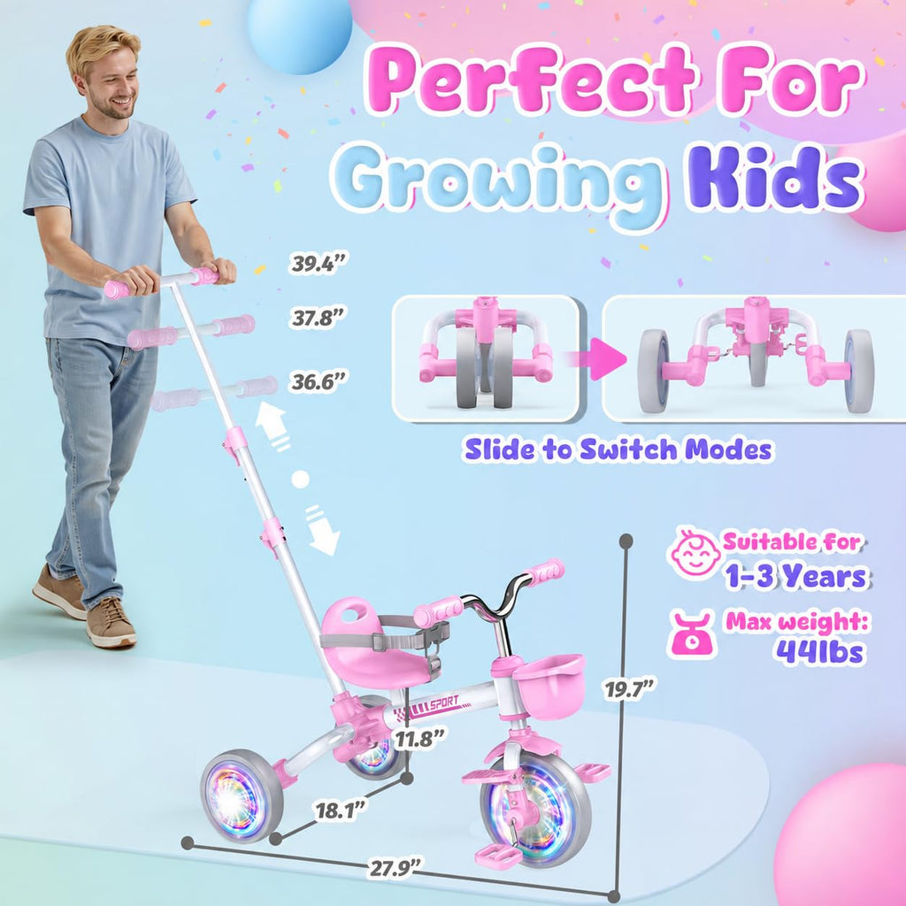5 in 1 Pink Tricycle with Push Handle I823