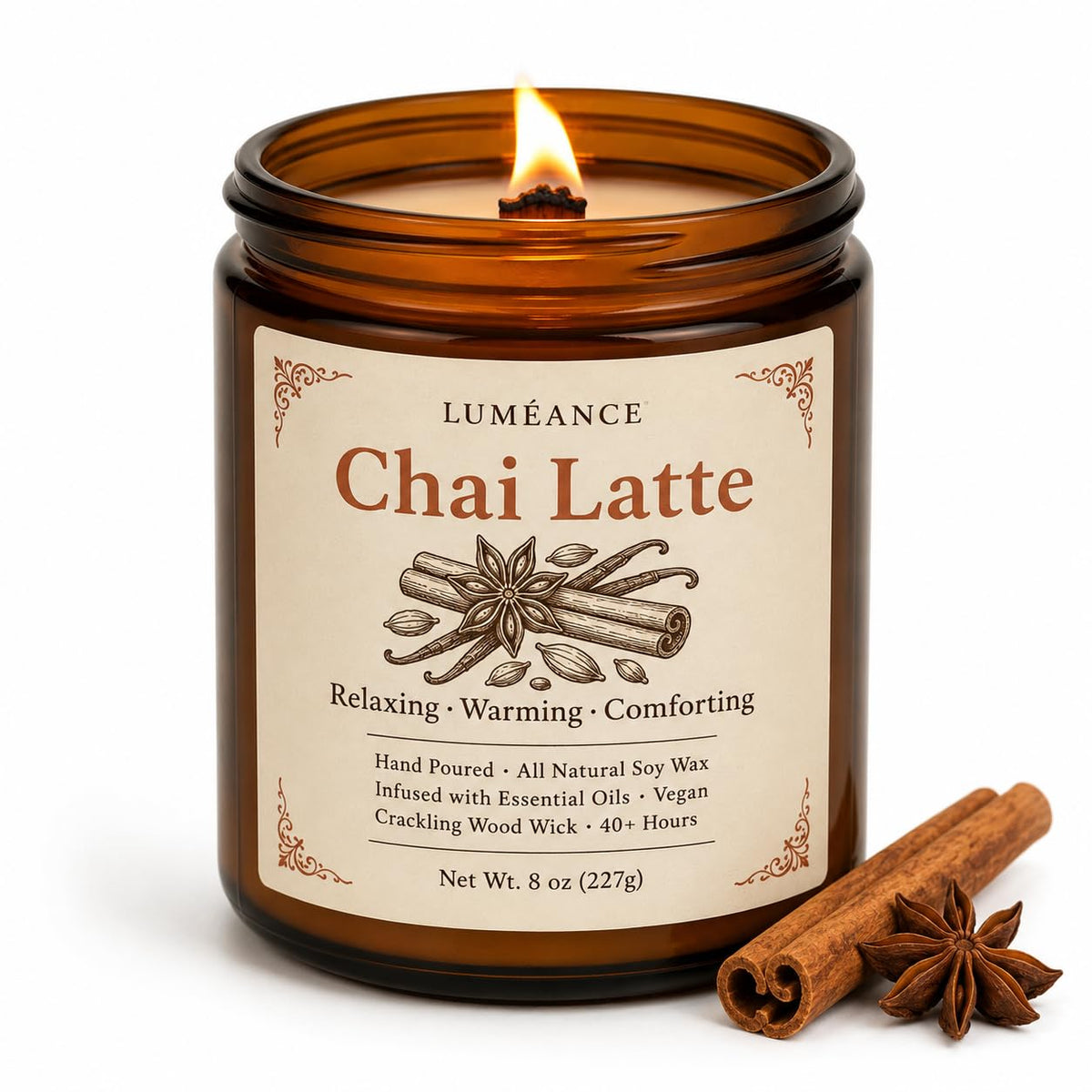 Chai Latte Scented Candle, 8 oz, Soy Wax, Crackling Wood Wick X490