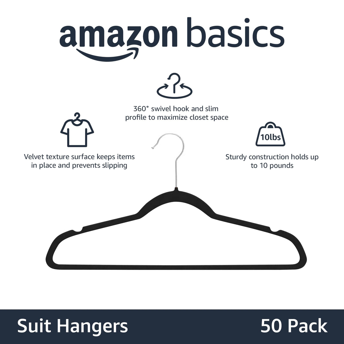 Slim Velvet Non-Slip Suit Hangers, Black, 50-Pack H87877