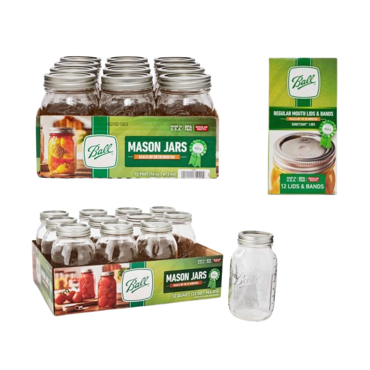 Regular Mouth Glass Mason Jars with Lids and Bands, 12 Pint 16 Ounce + 12 Quart 32 Ounce V963