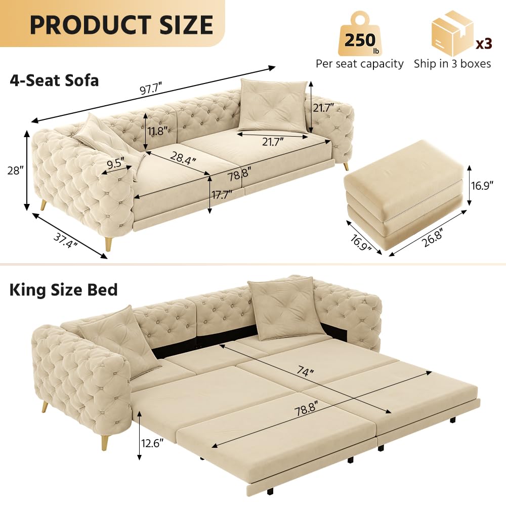 98" King Size Velvet Convertible Sofa Bed with Ottoman M3422
