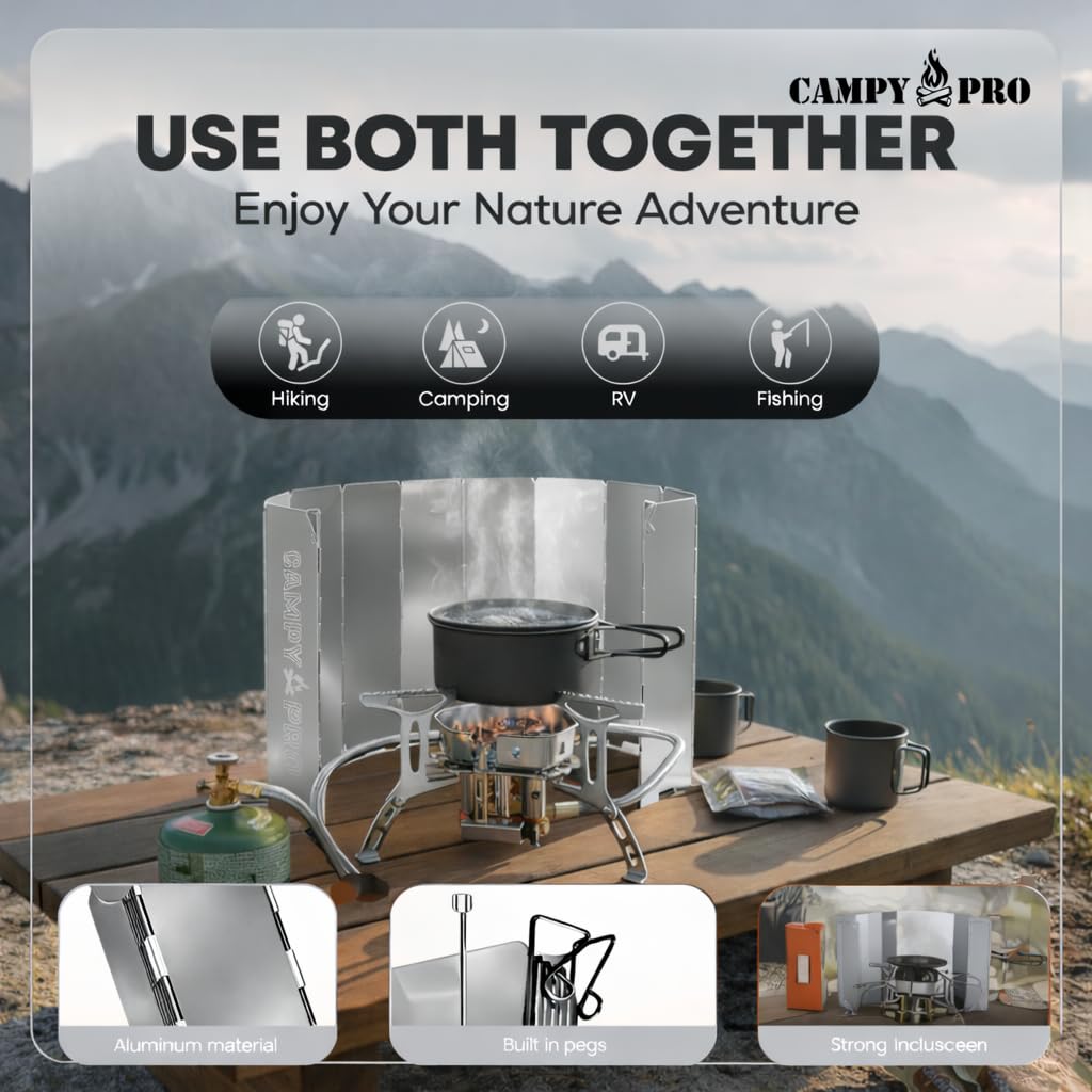 6800 W Portable Gas Stove with Windscreen, Piezo Ignition, Butane Adapters F7055