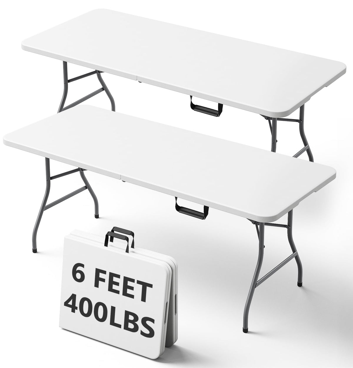 6FT Folding Table, Heavy Duty Plastic Utility Table with Handle, White, 2 Pack M9974