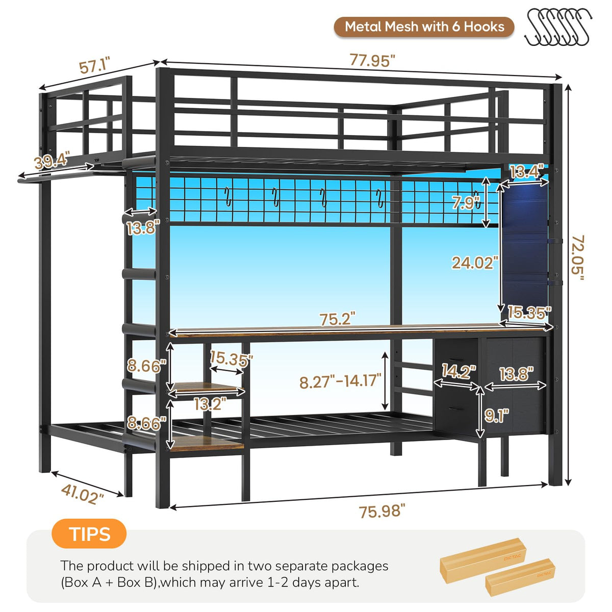 Full Over Twin Bunk Bed with Desk and LED Lights C397920