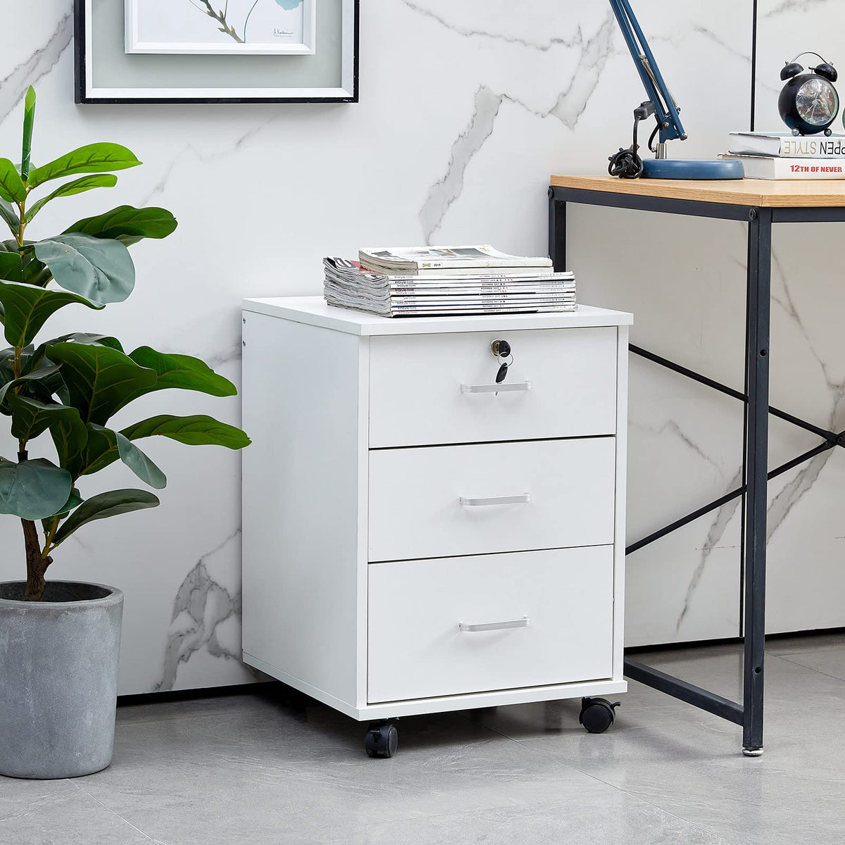 White 3 Drawer Rolling Wood File Cabinet D8300
