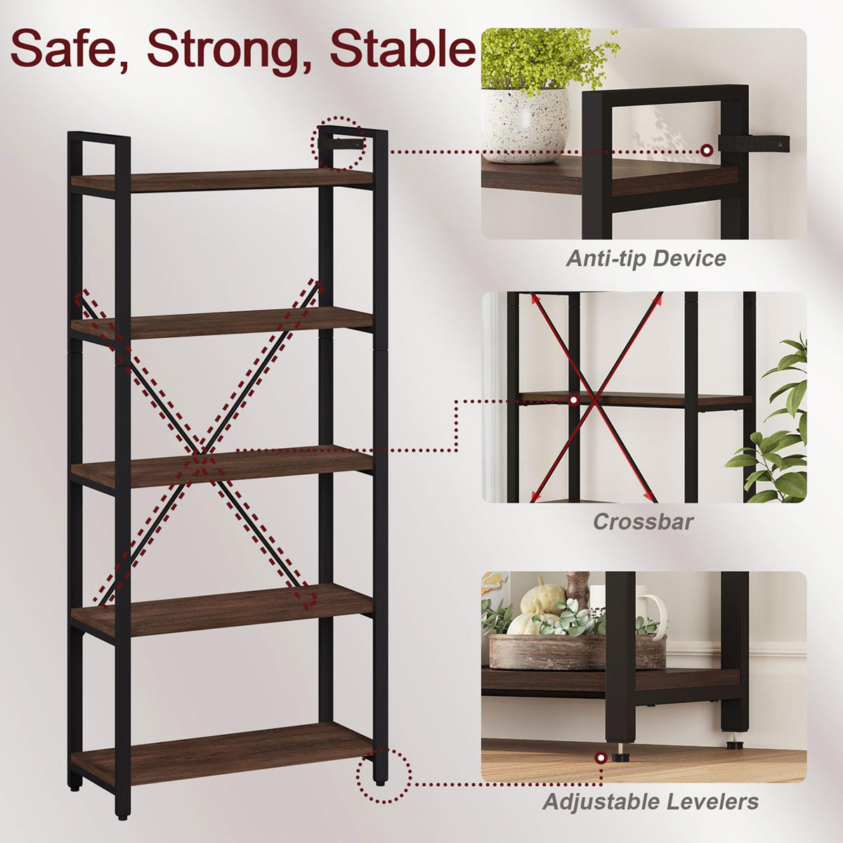 5 Tier Wood and Metal Bookshelf K304903