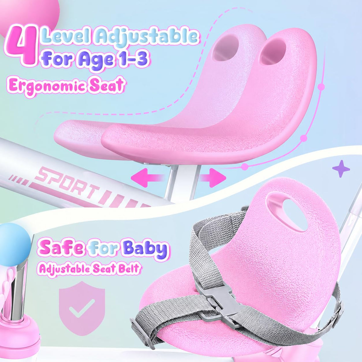 5 in 1 Pink Tricycle with Push Handle I823