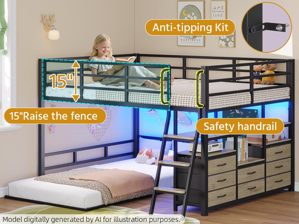 Full Over Twin Bunk Bed with 8 Drawers & 4 Shelves Y626