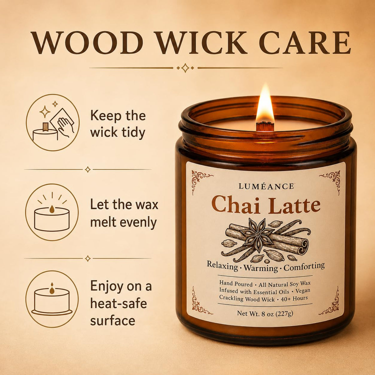 Chai Latte Scented Candle, 8 oz, Soy Wax, Crackling Wood Wick X490
