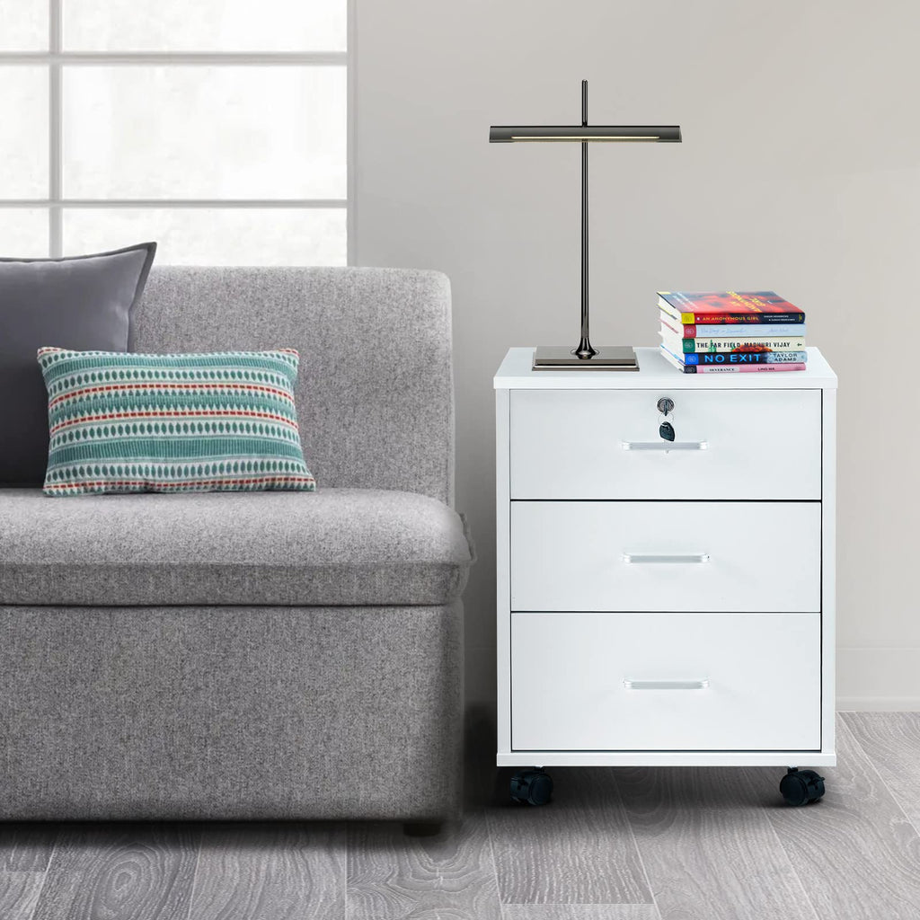 White 3 Drawer Rolling Wood File Cabinet D8300