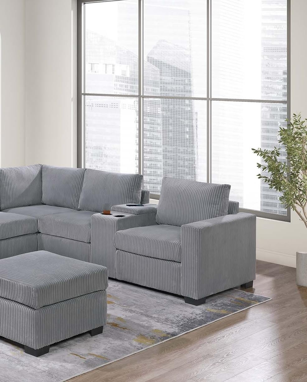 Light Gray Corduroy Upholstered Sectional Sofa Set P446
