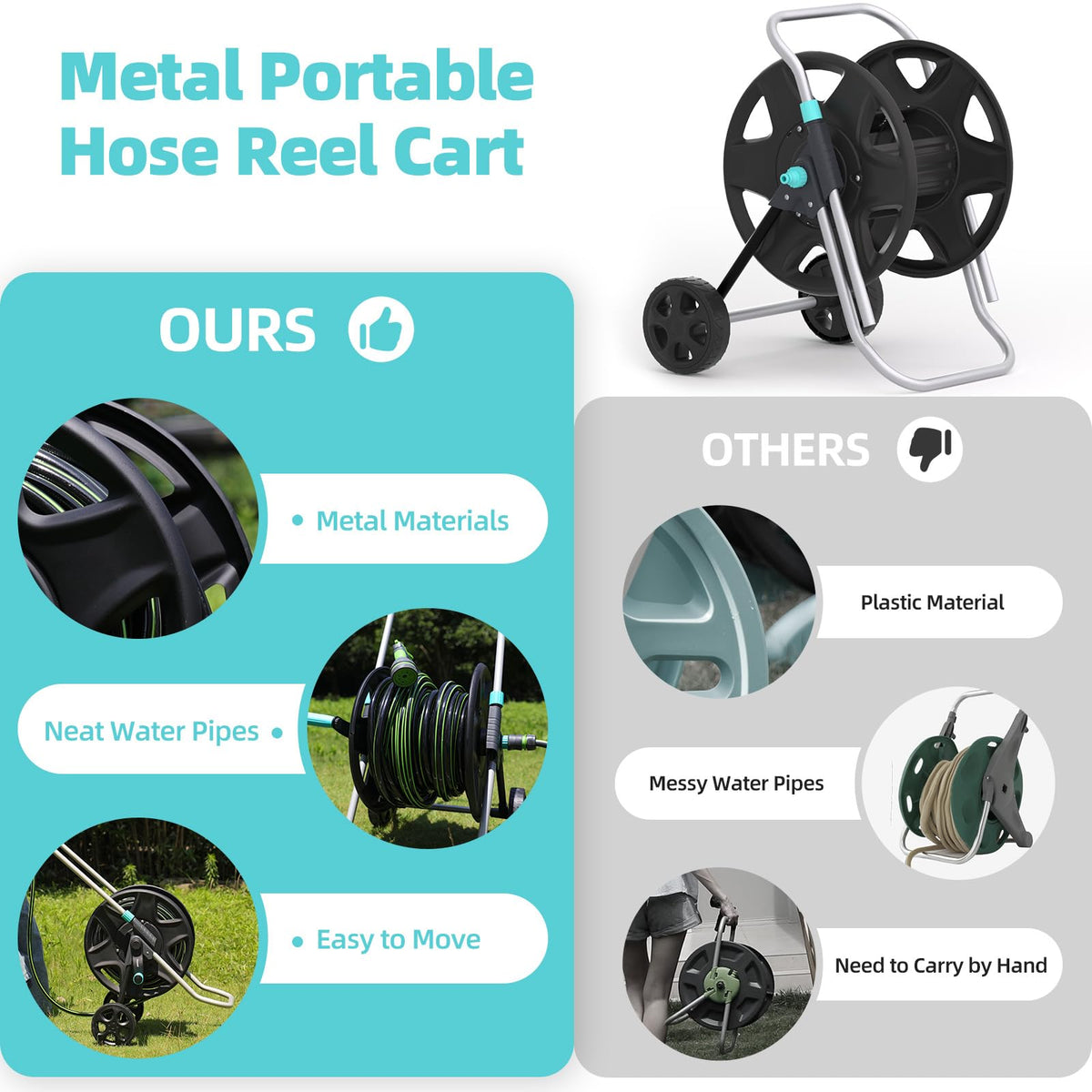 Metal Heavy Duty Garden Hose Reel Cart with Wheels K1063