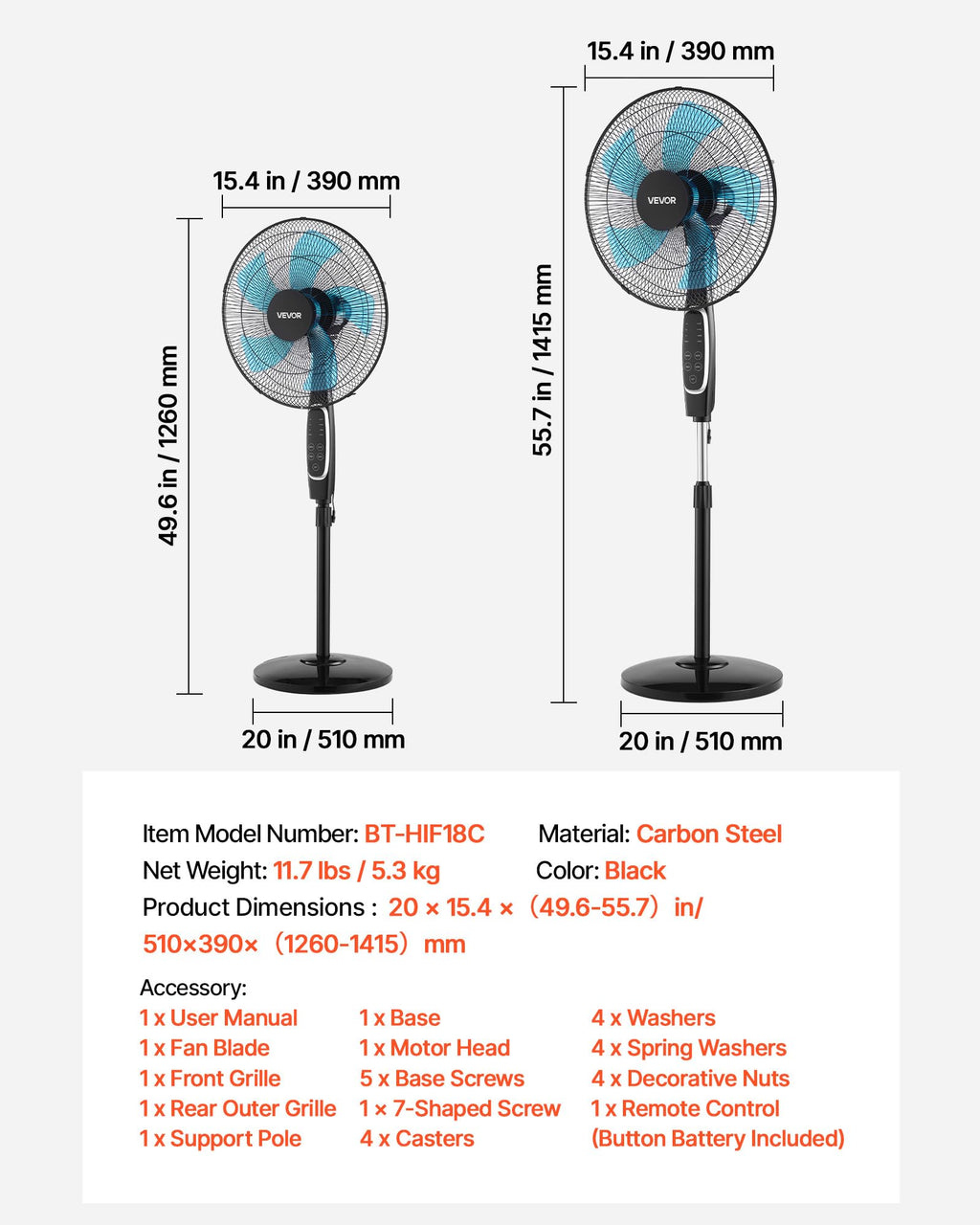 18-Inch Pedestal Fan with Remote Control, 9 Speeds, Oscillating, Black X807