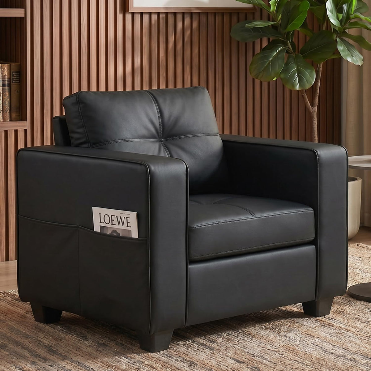 Black Faux Leather Oversized Tufted Accent Chair W61913