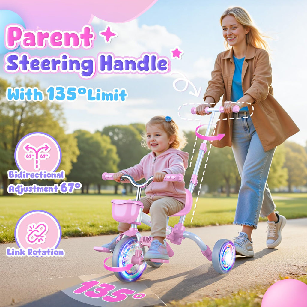 5 in 1 Pink Tricycle with Push Handle I823