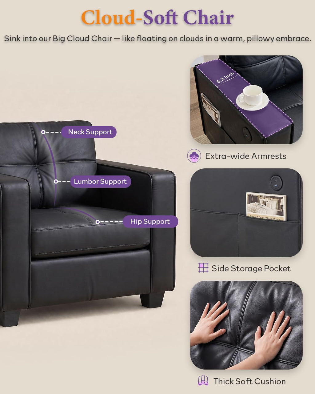 Black Faux Leather Oversized Tufted Accent Chair W61913