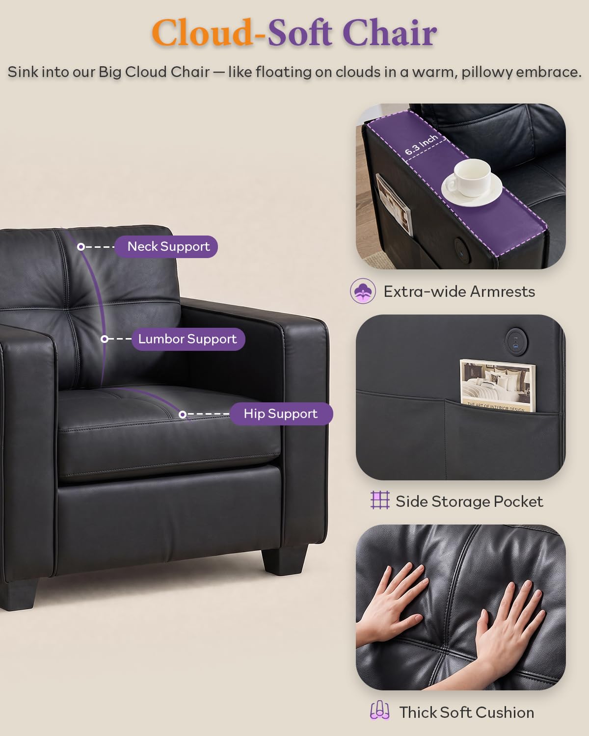 Black Faux Leather Oversized Tufted Accent Chair W61913
