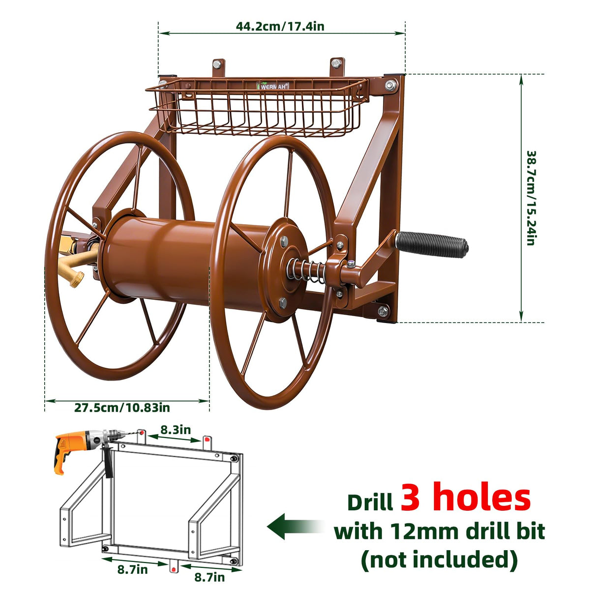 Wall Mount Metal Garden Hose Reel Holds 155ft 5/8" Hose Y95575