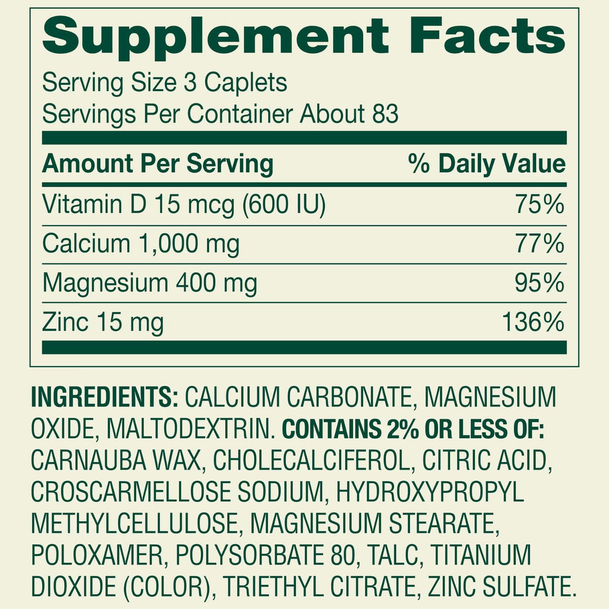 Calcium Magnesium Zinc Plus Vitamin D3 Caplets 250 Ct V840708
