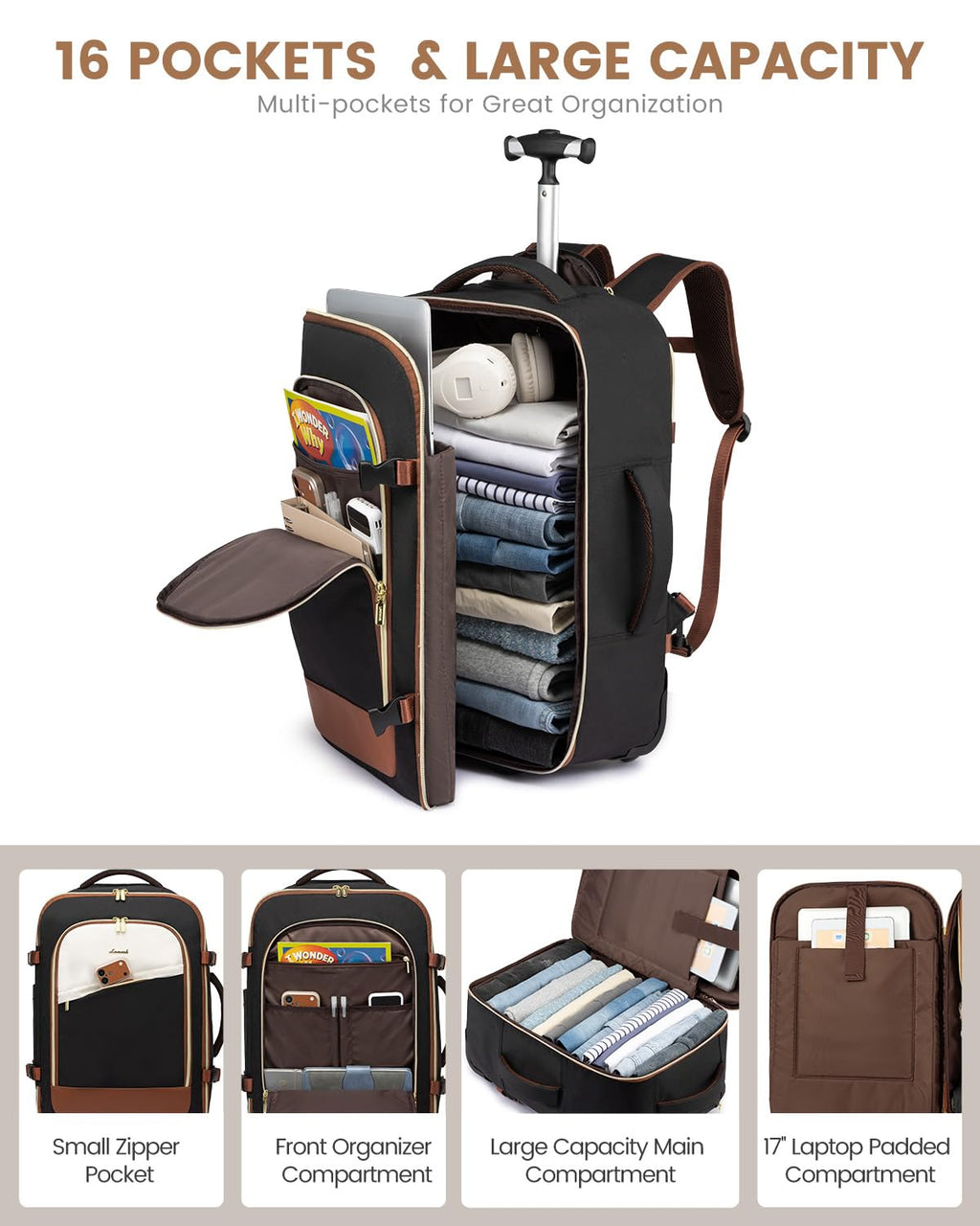 Rolling Backpack with Wheels, 17 Inch 57L Water Resistant S1777