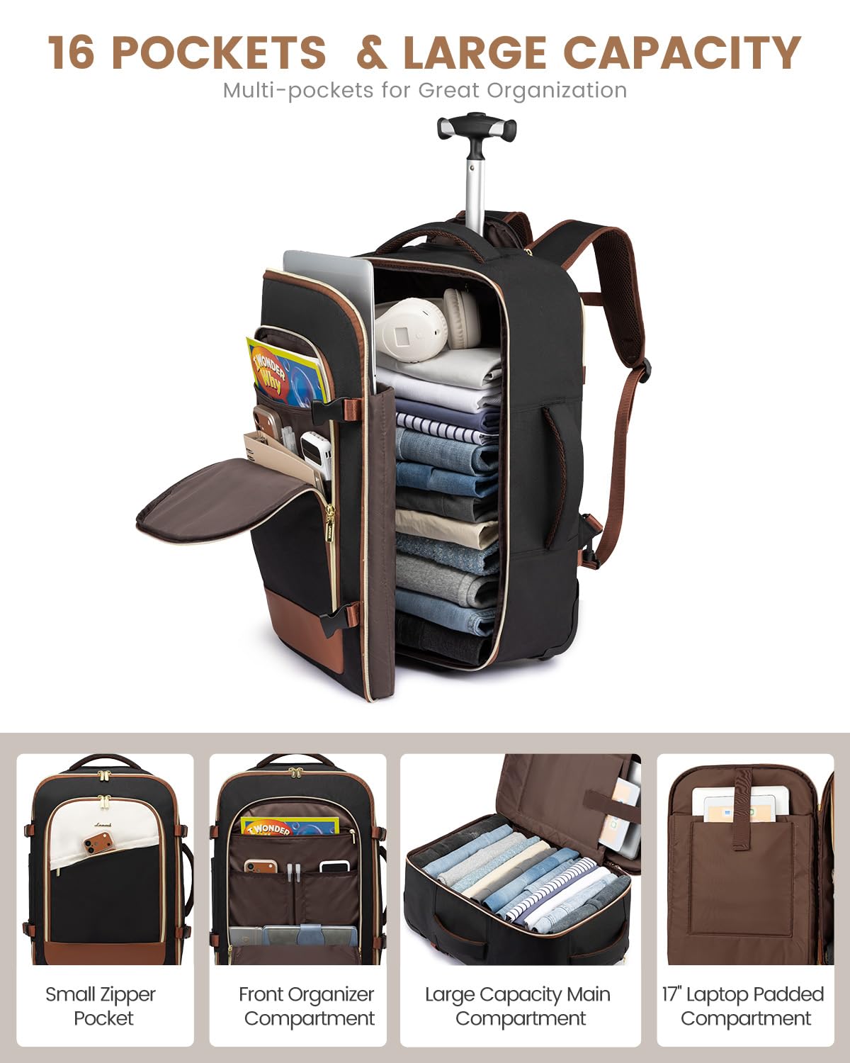 Rolling Backpack with Wheels, 17 Inch 57L Water Resistant S1777
