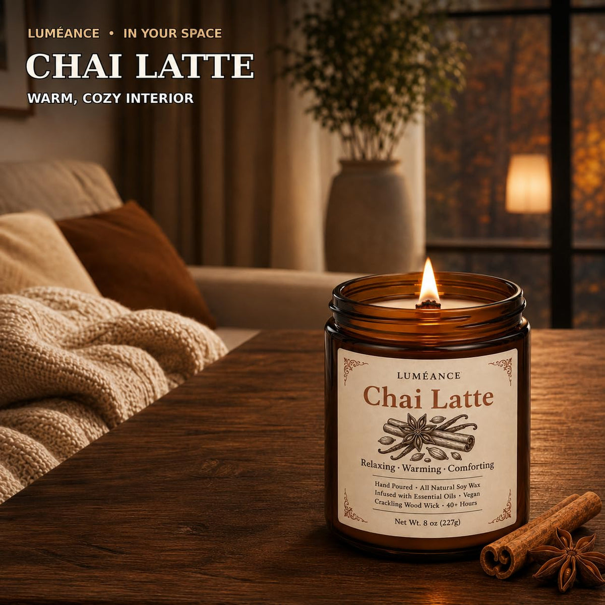 Chai Latte Scented Candle, 8 oz, Soy Wax, Crackling Wood Wick X490