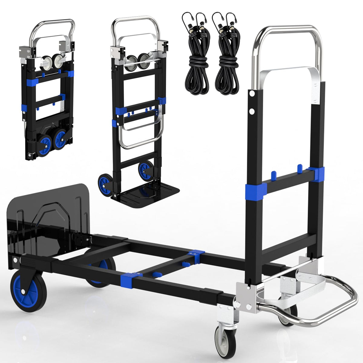 Black Convertible Hand Truck Dolly Cart with 4 Wheels, 500 Lbs Capacity H416