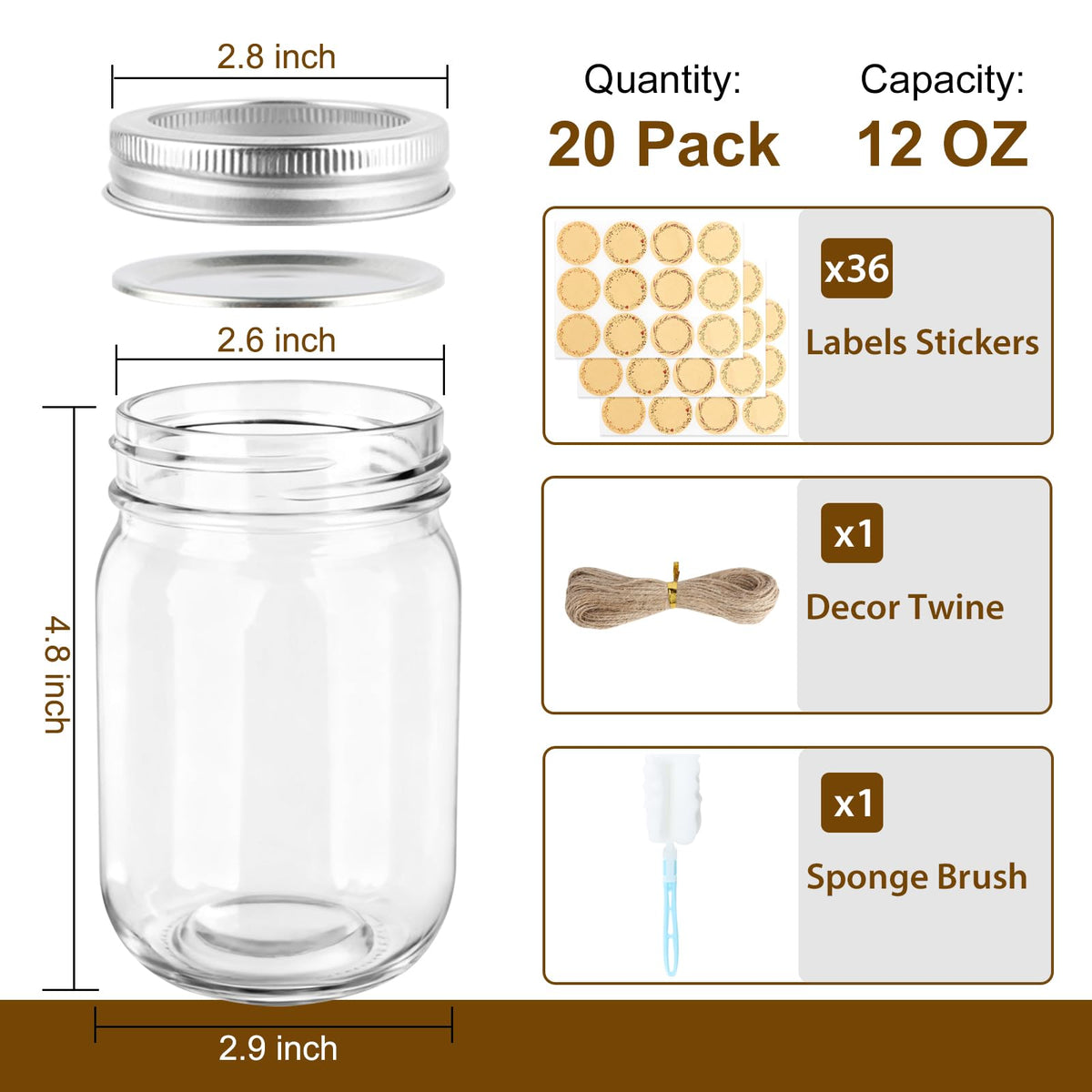 20 Pack 12 oz Mason Jars with Lids and Bands D7792