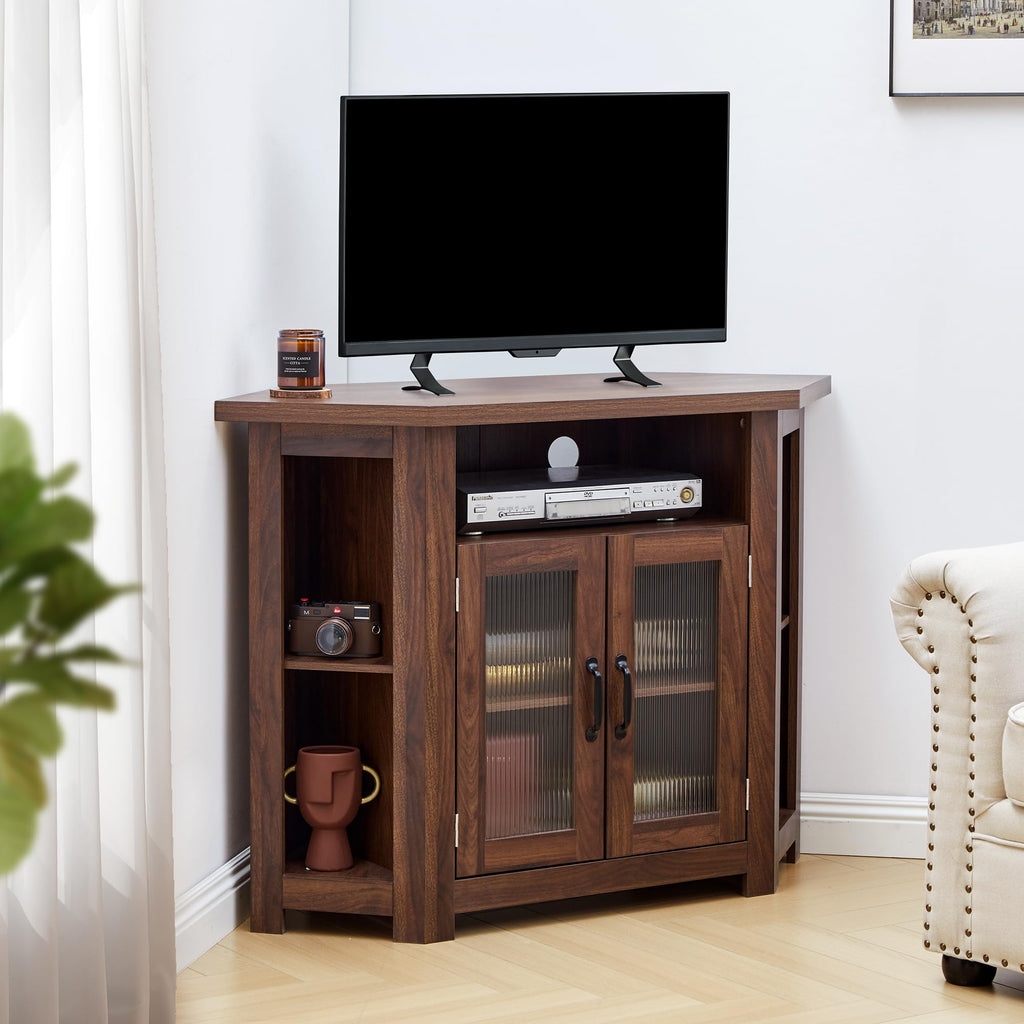 Corner TV Stand for TVs up to 48 Inch with Storage Shelves and 2 Doors F33820