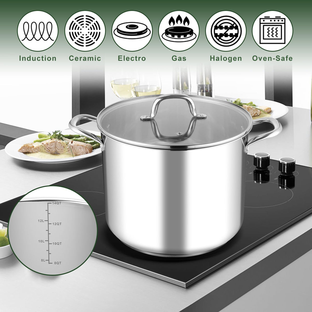14Qt Stainless Steel Stock Pot with Lid U1200
