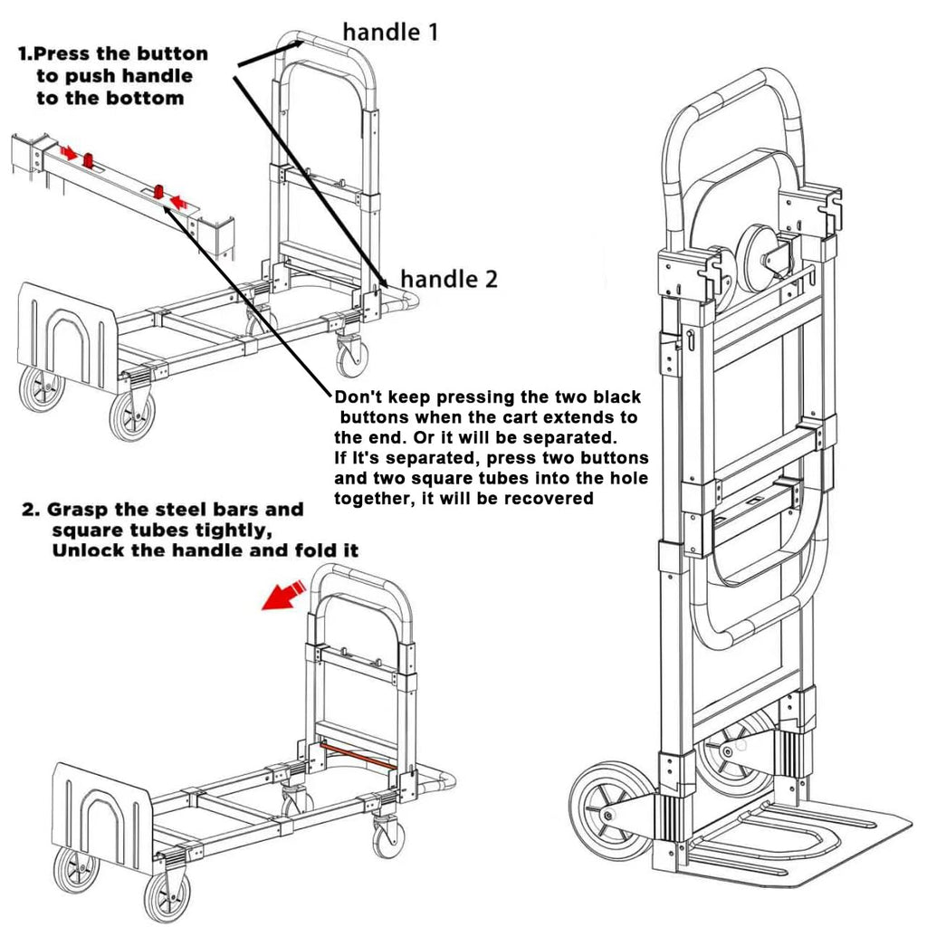 Black Convertible Hand Truck Dolly Cart with 4 Wheels, 500 Lbs Capacity H416