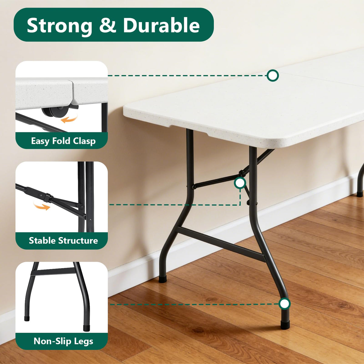6FT Folding Table, Heavy Duty Plastic Utility Table with Handle, White, 2 Pack M9974