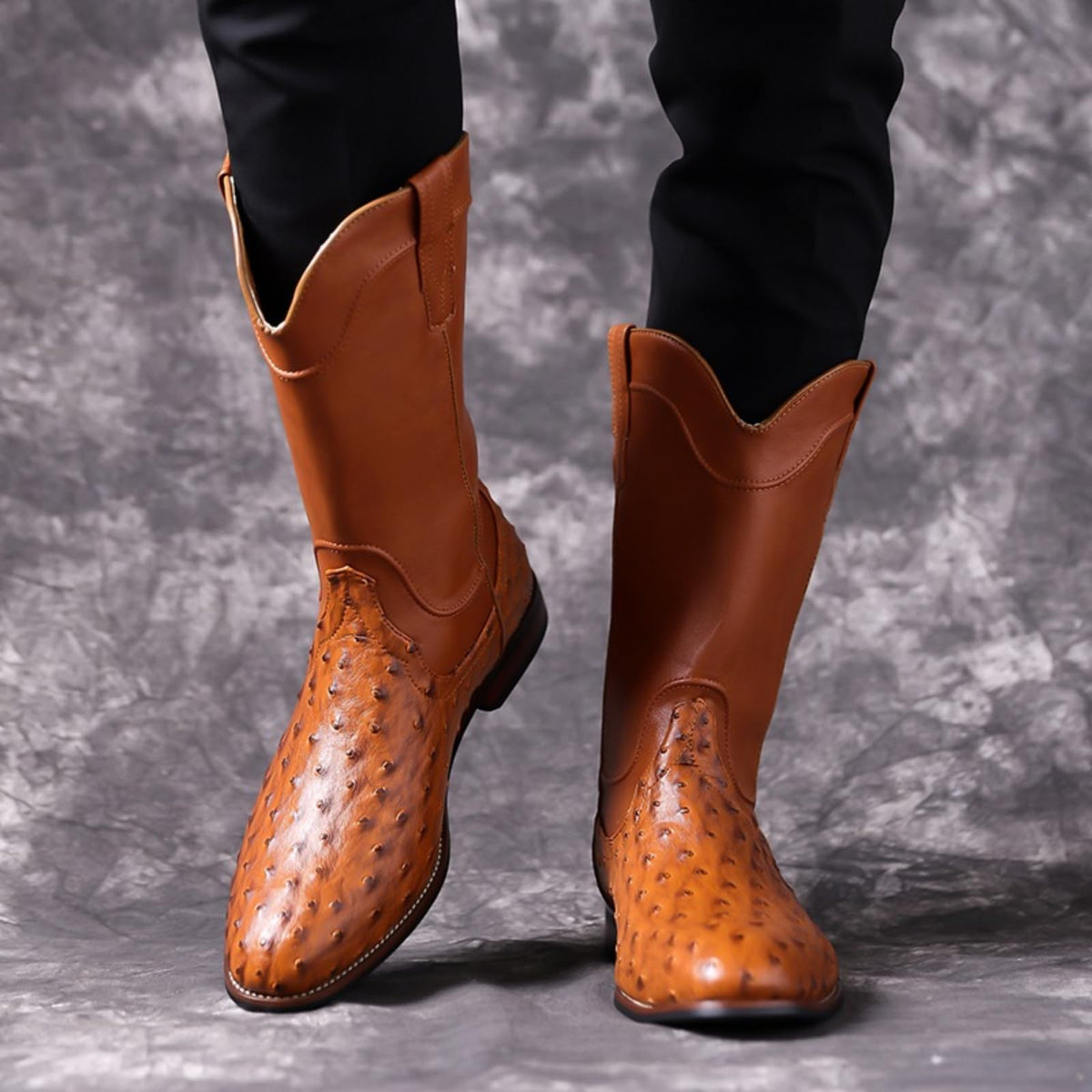 Men's Ostrich Pattern Leather Western Cowboy Boots C158