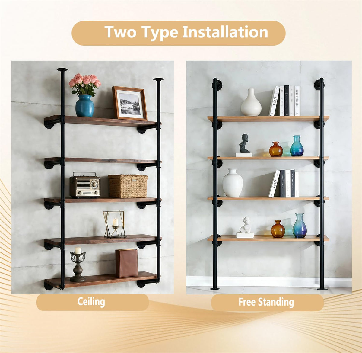 Black Iron Pipe Shelf Bracket, 2Pcs 5 Tier 68" Tall X6672