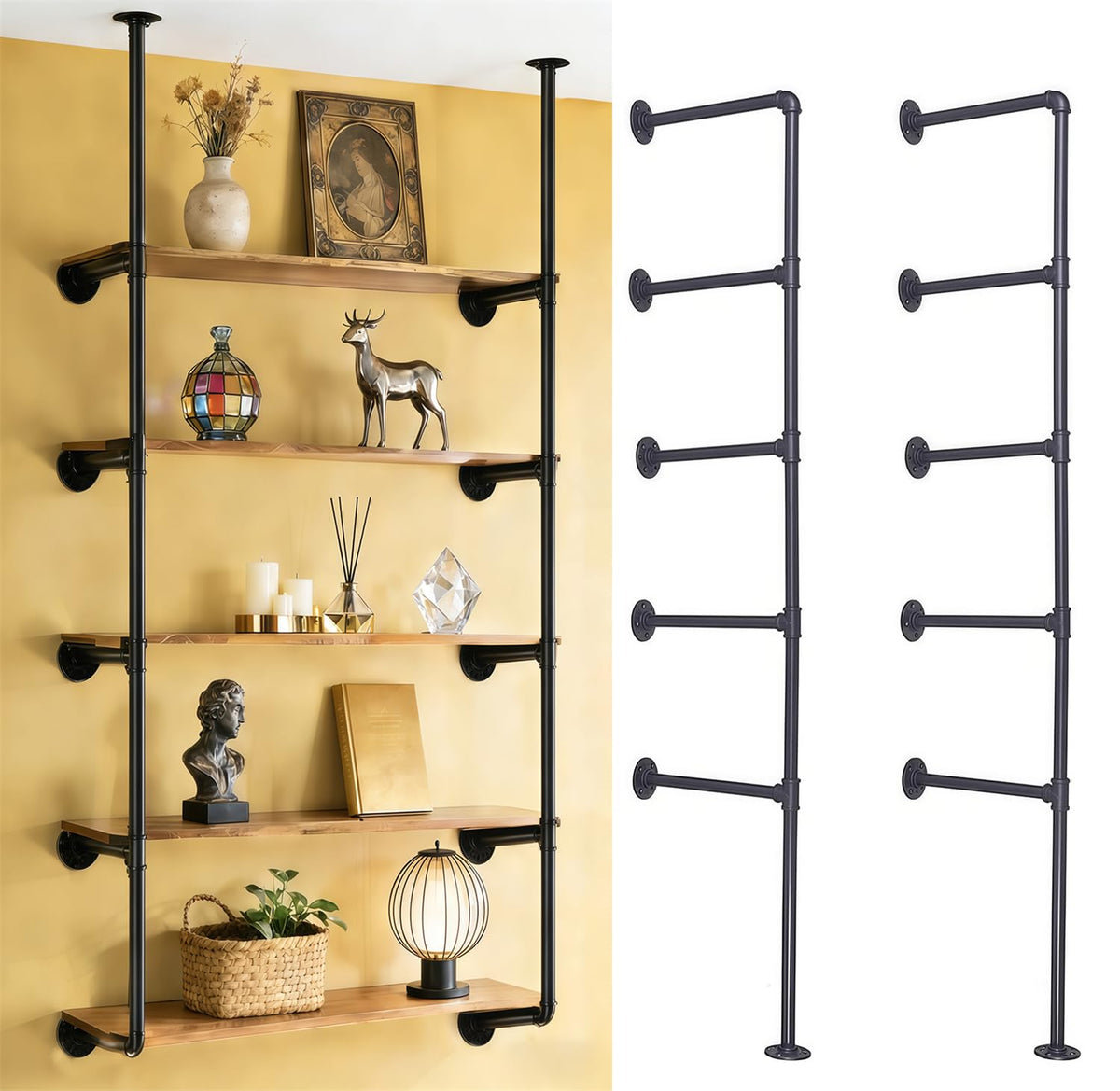 Black Iron Pipe Shelf Bracket, 2Pcs 5 Tier 68" Tall X6672