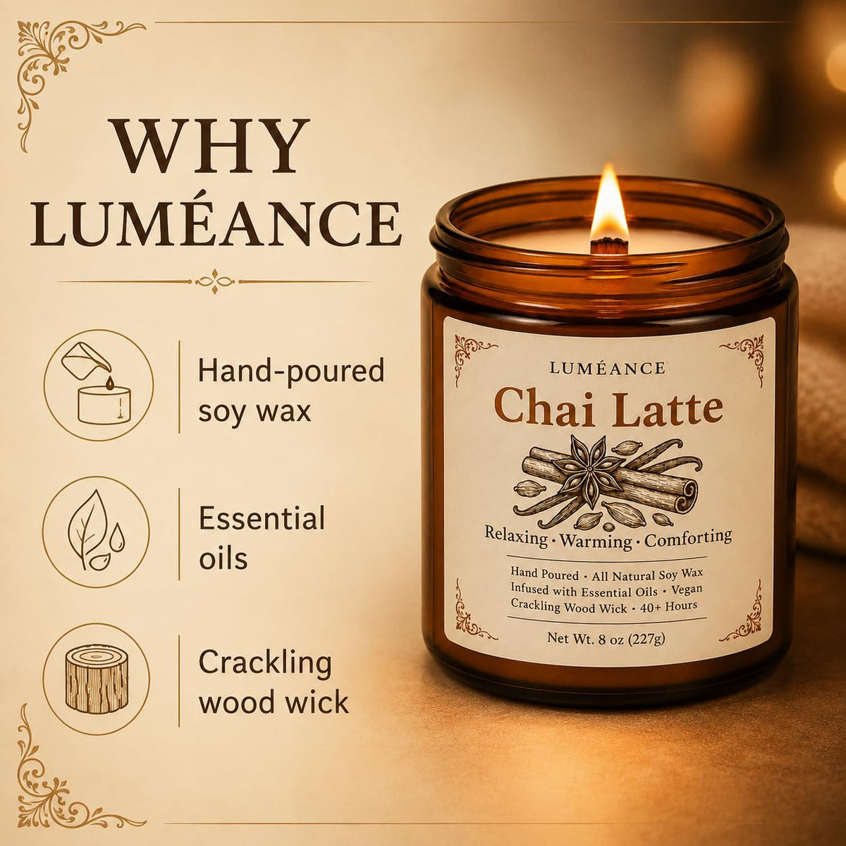 Chai Latte Scented Candle, 8 oz, Soy Wax, Crackling Wood Wick X490