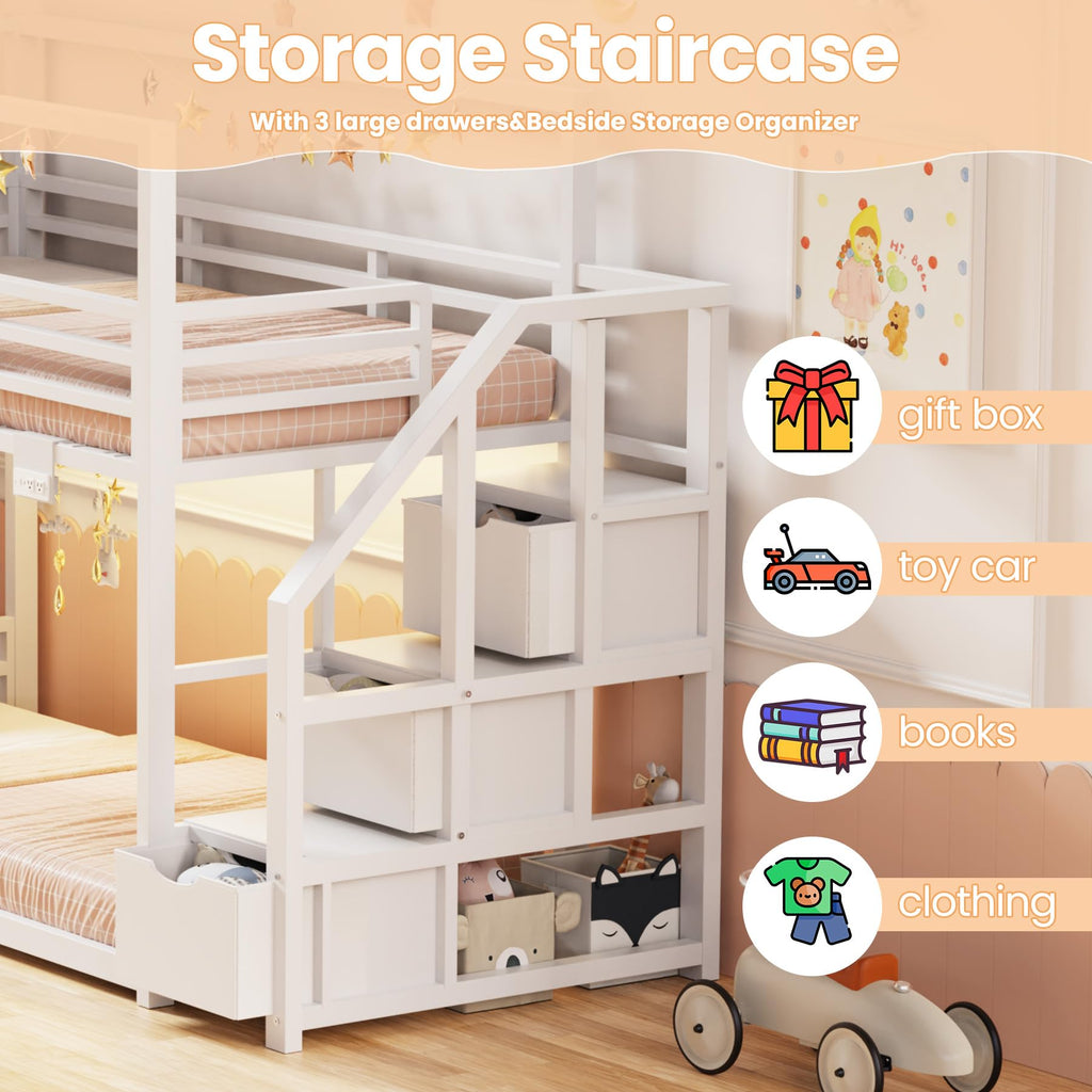 White Twin Over Twin Bunk Bed with Storage Stairs E842