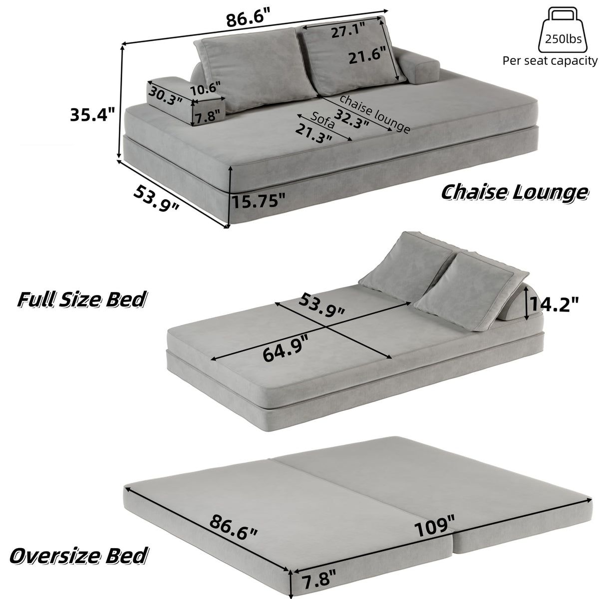 Light Gray Convertible Sofa Bed T78862